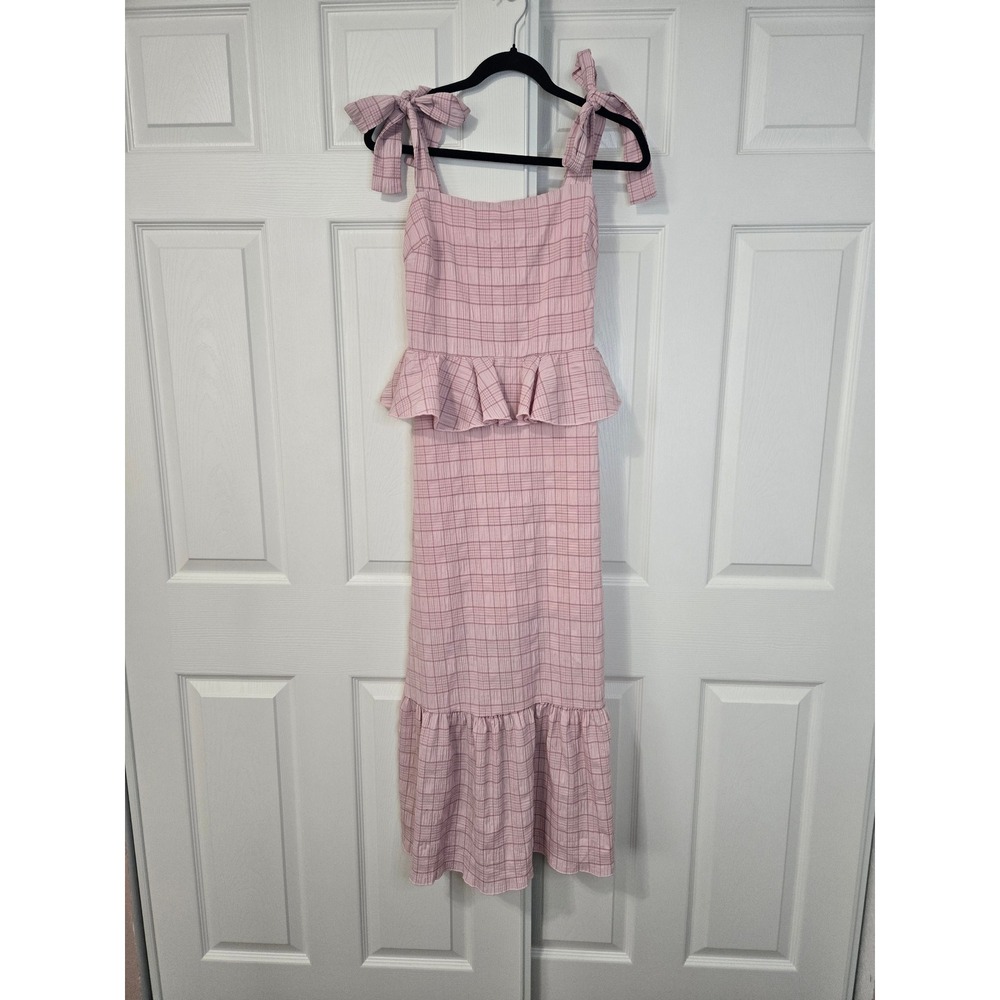 Showpo Pink Plaid Peplum‎ Midi Dress Tie Shoulder Straps Size 4 Smocked Back